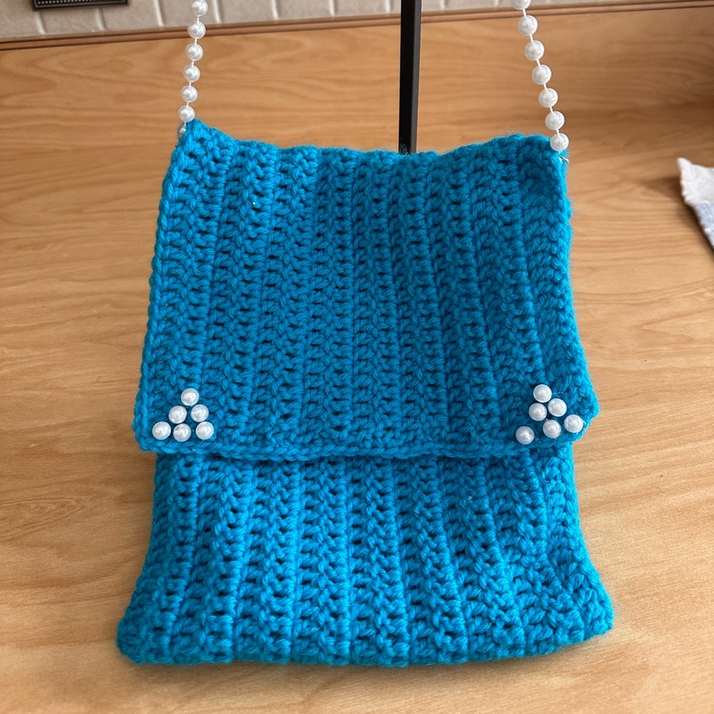 Hand crafted turquoise blue with pearls hand knit crochet handbag purse
